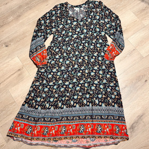 Umgee Dresses & Skirts - Umgee Floral Maxi Dress Boho V Neck Long Sleeve Print Women Size Small